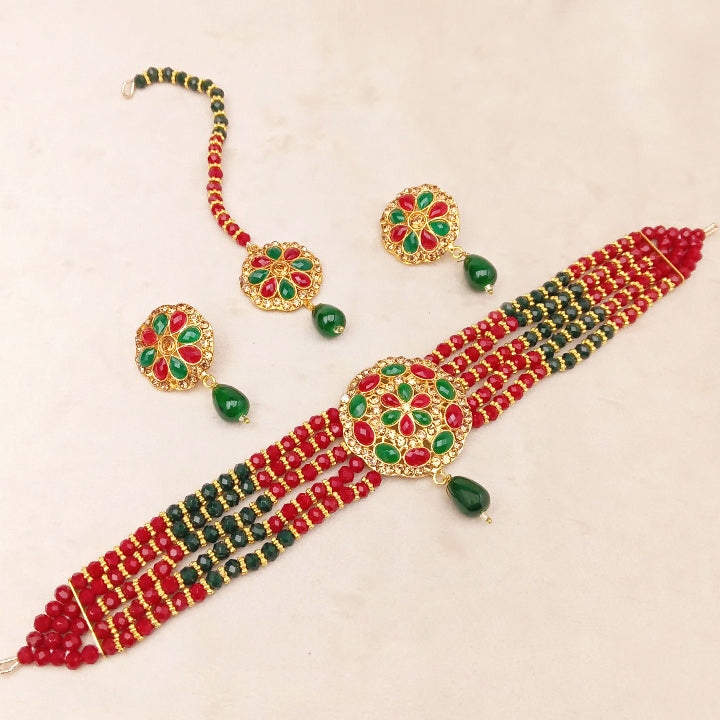 green maroon bridal choker set