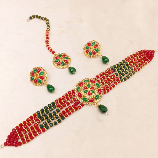 green maroon bridal choker set