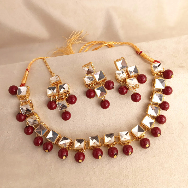 Sheesha Kundan Choker Set for Girls Maroon 0880 – zuhafashion