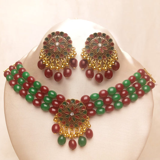Maroon Green Choker Set for Women 0719