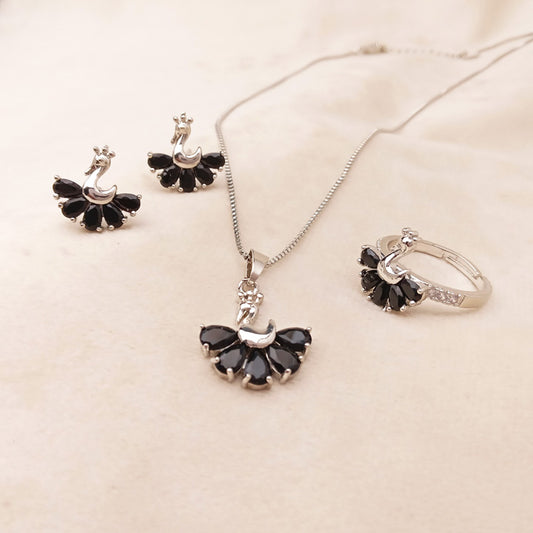 black peacock necklace set with ring