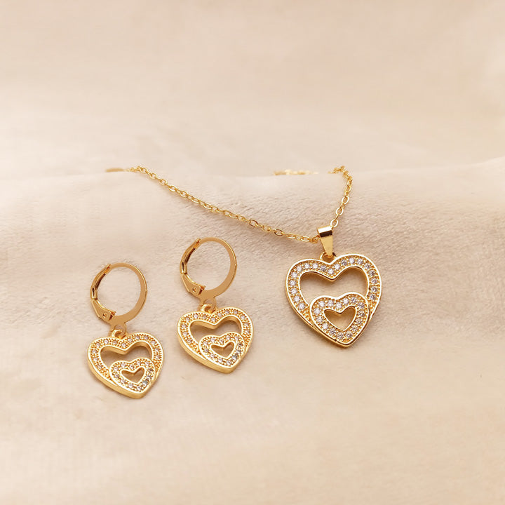 Golden Double Heart Necklace Set Design 0782