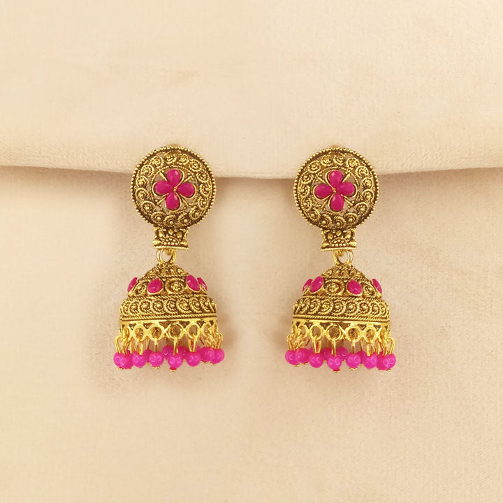 Pink Golden Jhumka Earrings 0651