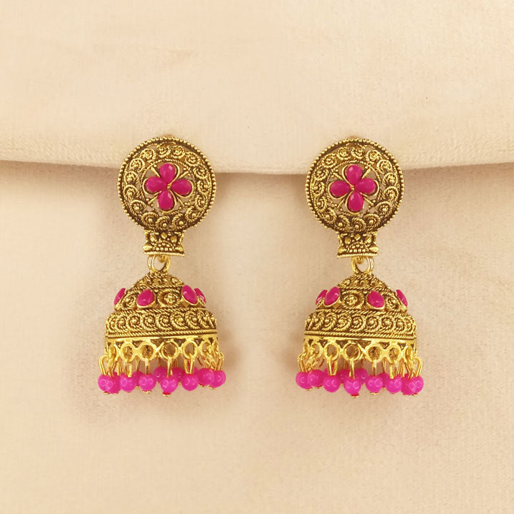 Pink Golden Jhumka Earrings 0651