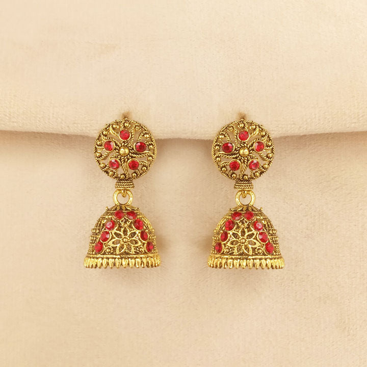 Red Golden Jhumka Earrings 0648