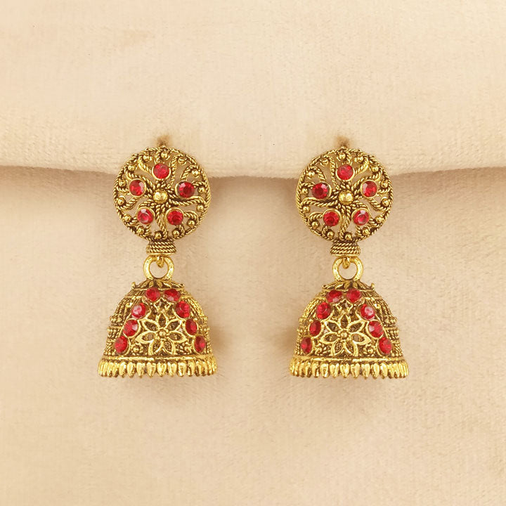 Red Golden Jhumka Earrings 0648