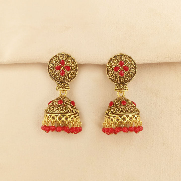 Red Golden Jhumka Earrings 0651