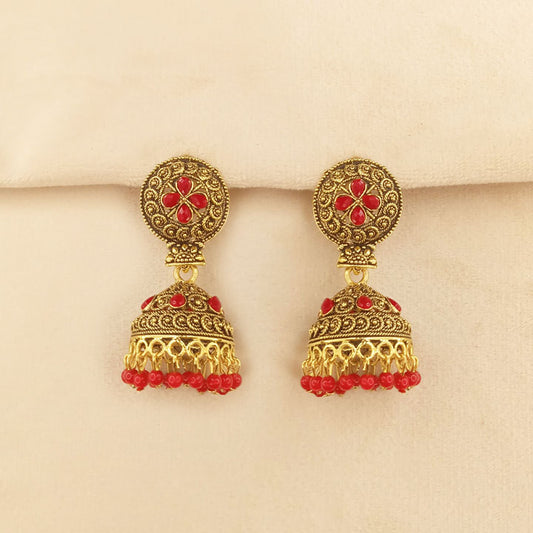 Red Golden Jhumka Earrings 0651