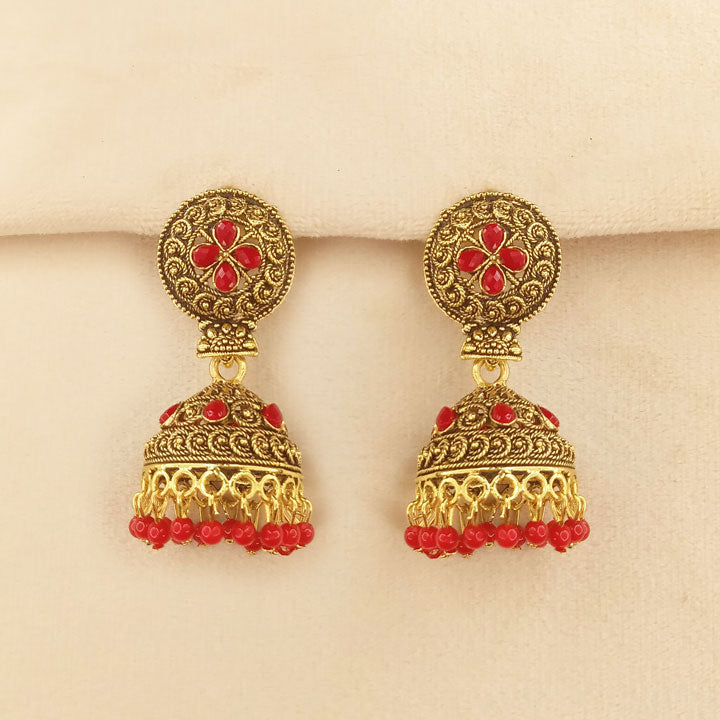 Red Golden Jhumka Earrings 0651