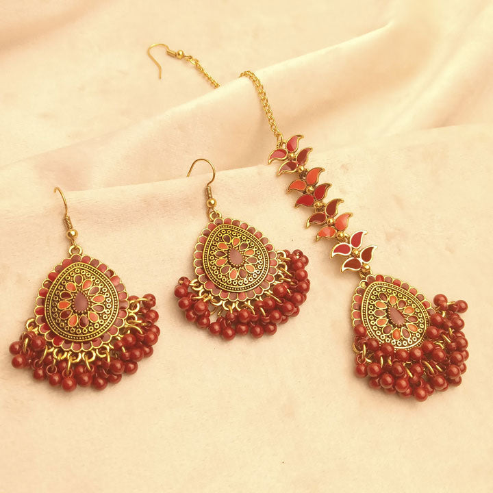 Red Maroon Earrings Tika Set 0663
