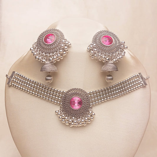 Silver Pink Bridal Choker Set 0715