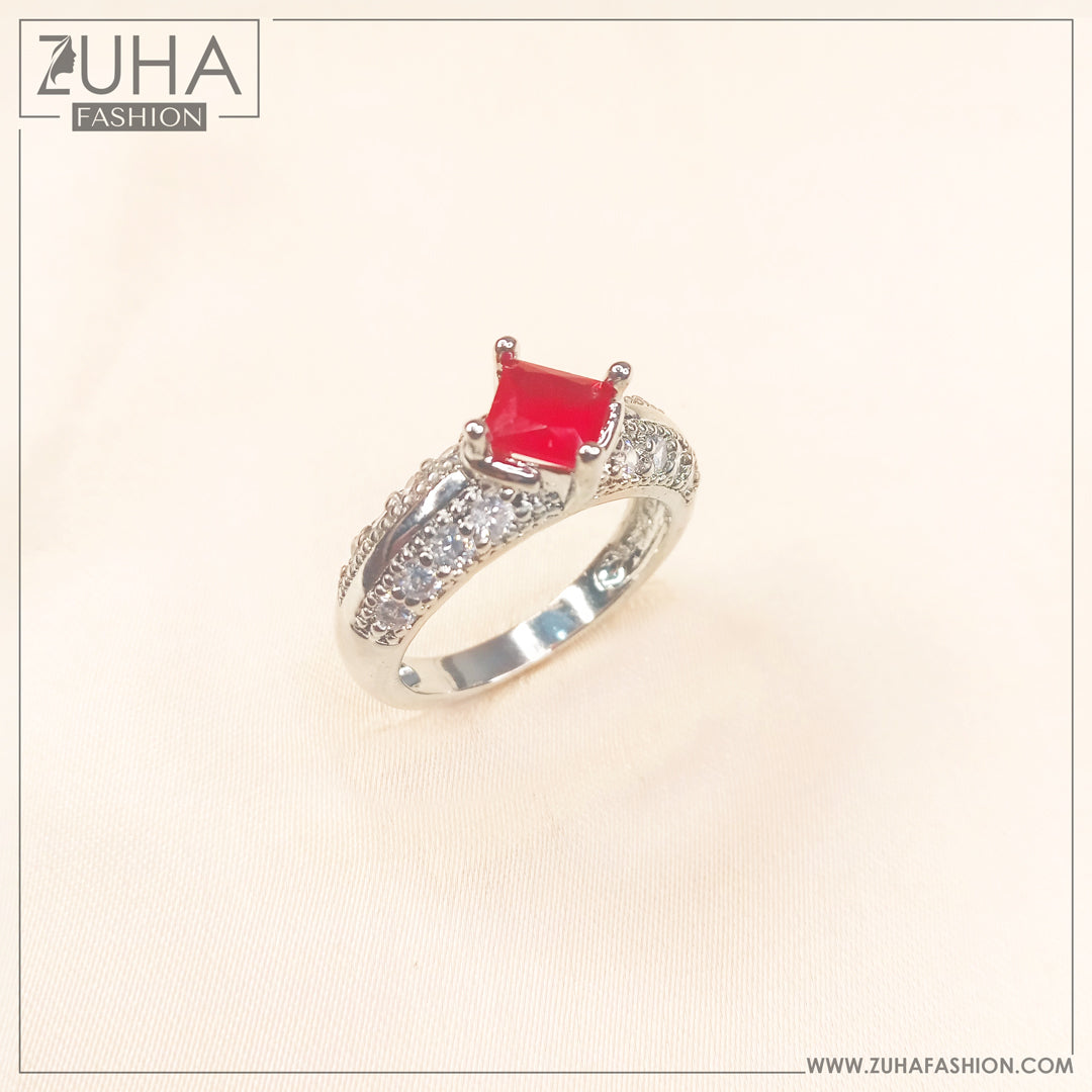 Solitaire Red Silver Ring 0299