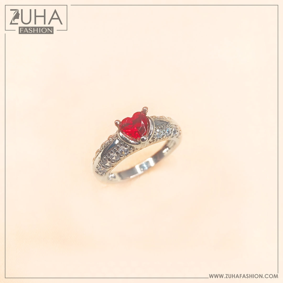 Solitaire Red Heart Silver Ring 0300