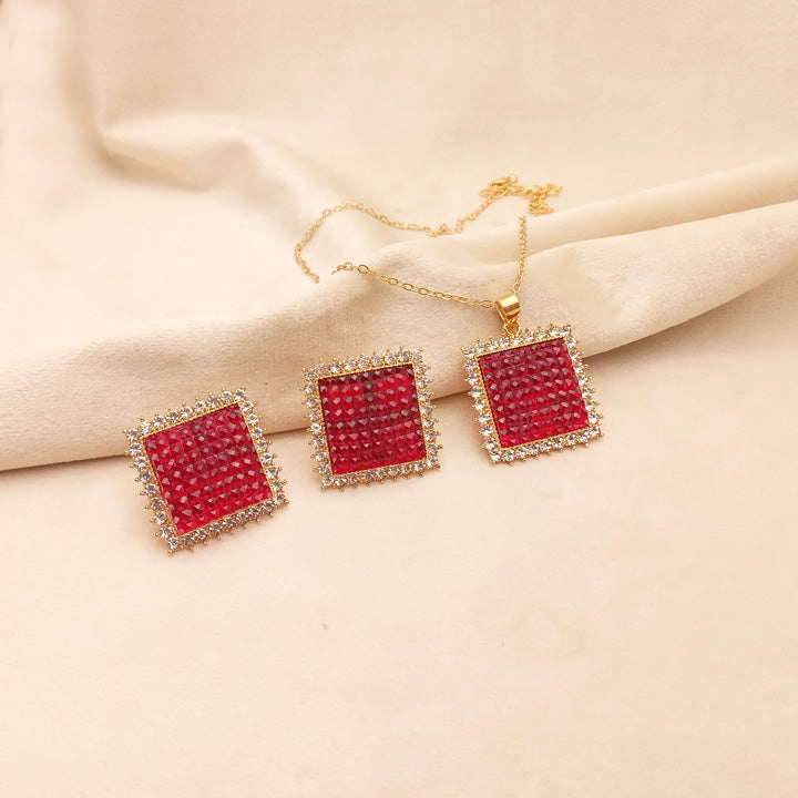 Red Crystals Square Necklace Set 0666