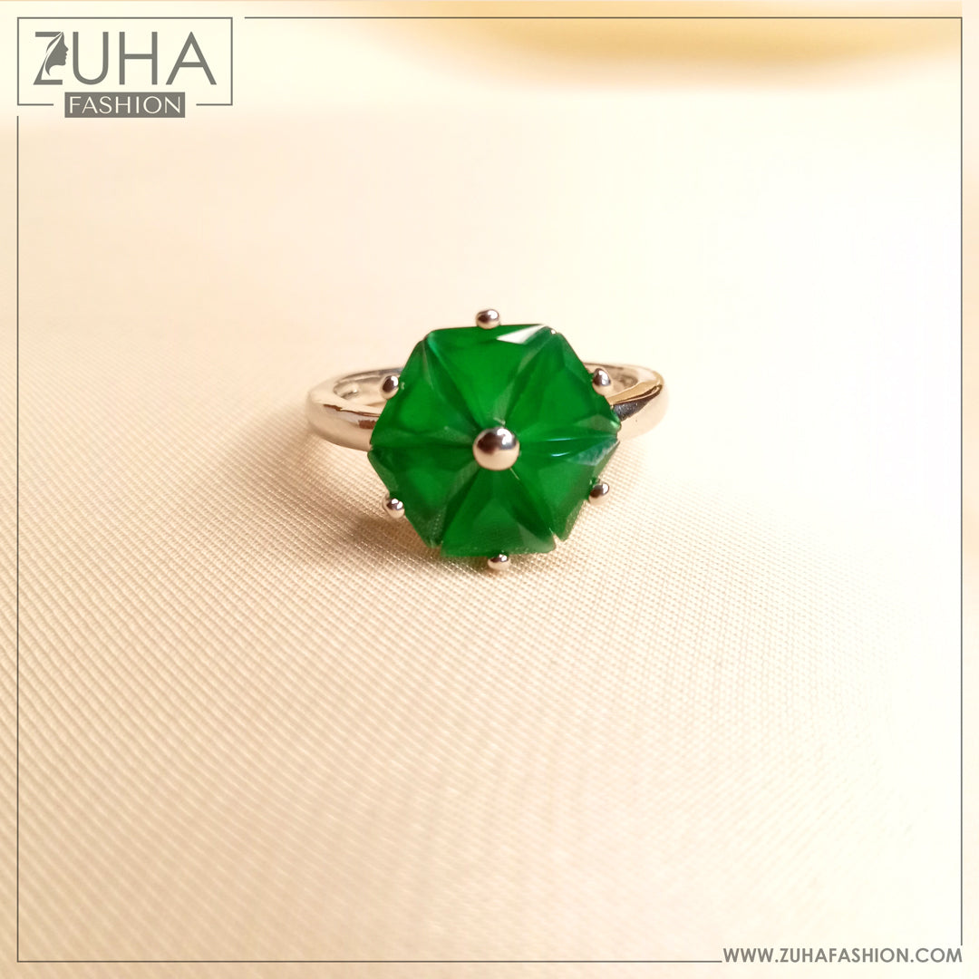 Green Crystal Silver Ring 0127